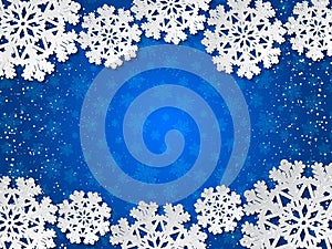 Vector winter blue paper cut out background with snowflake decoration