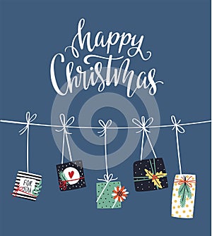 Vector winter card with Christmas elements and lettering - `Happy Christmas`. Holiday background illustration.