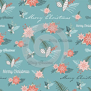 Vector winter Christmas foliage ornaments seamless pattern. Elegant retro doodle style holiday season print background design