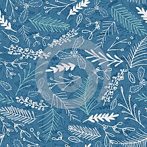 Vector winter Christmas foliage seamless pattern. Elegant retro doodle style holiday season print background design