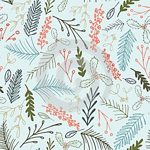 Vector winter Christmas foliage seamless pattern. Elegant retro doodle style holiday season print background design