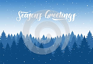 Vector winter Christmas forest background with snowflakes and hand letterin of Season`s Greetings. photo