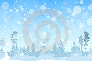 Vector winter Christmas forested landscape in blue color with snowfall effect.