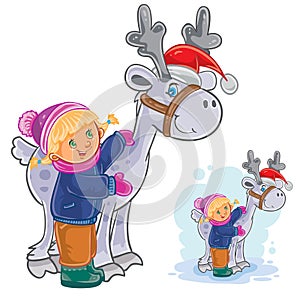 Vector winter Christmas, New Year illustration of little girl hugging deer Santa Claus.