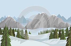 Vector winter flat landscape with snowy mountains, hills and trees in the forest