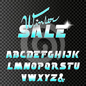 Vector winter font, alphabet. Winter sale, special offer with glint of star on transparent background.