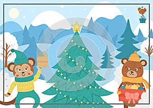 Vector winter forest background with cute animals, fir tree, snow. Funny woodland Christmas card or boor cover with bear, monkey, photo