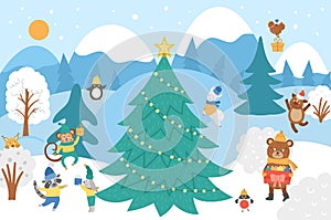 Vector winter forest background with cute animals, fir tree, snow. Funny woodland Christmas scene with bear, squirrel, monkey,