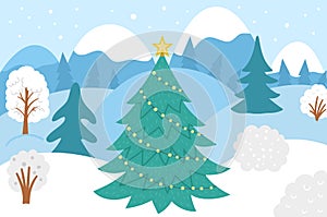 Vector winter forest background with trees, snow, mountains. Funny woodland Christmas scene with. Flat New Year landscape