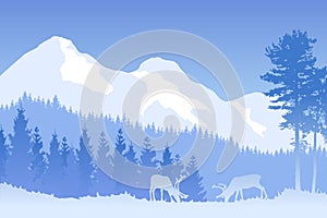 Vector winter forested landscape in blue color with grazing deer and mountains.