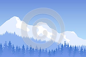 Vector winter forested landscape with mountains in blue color.