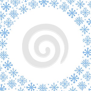 Vector winter frame background with blue hand drawn snowflakes on white background