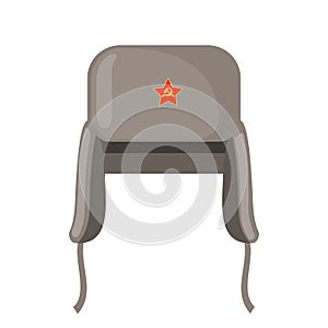 Vector winter fur grey earflaps hat with red star icon in flat style isolated on white background