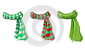 Vector winter green scarf collection isolated on white background. illustration of red, green white striped scarves