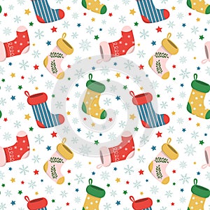 Vector winter holiday seamless pattern with colorful Christmas stockings