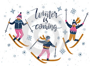 Vector winter illustration of skiers. Sports children isolated on the white background and lettering - `winter is coming`.