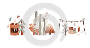 Vector winter illustrations in flat style, funny set of Christmas mood scenes