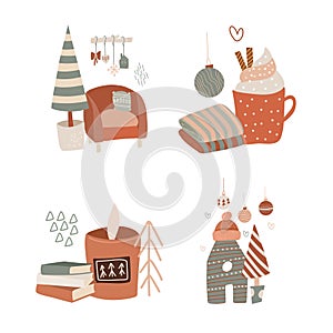 Vector winter illustrations in flat style, funny set of Christmas mood scenes