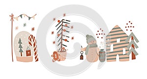 Vector winter illustrations in flat style, funny set of Christmas mood scenes