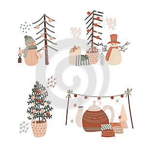 Vector winter illustrations in flat style, funny set of Christmas mood scenes