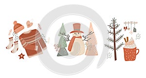 Vector winter illustrations in flat style, funny set of Christmas mood scenes