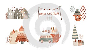 Vector winter illustrations in flat style, funny set of Christmas mood scenes