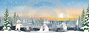 Vector winter landscape with mountain landscape of misty pine trees forest in the morning, Peaceful panorama natural with happy