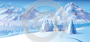 Vector of winter landscape with mountains and cote