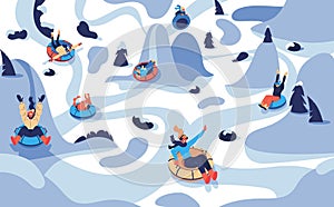 Vector winter landscape with people on tubing donuts happy riding from hills among trees. Various characters in warm clothes