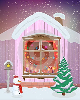 Vector winter night scene of window with Christmas candles, lights and gifts