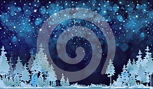 Vector winter night starry sky and forest.