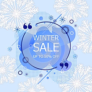 Vector Winter Sale Banner, Paper Art Style Snowflakes, Light Blue Background, Liquid Abstract Dynamic Shapes.