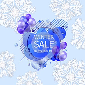 Vector Winter Sale Banner Template, Light Blue Background with Snowflakes, Paper Art Style, 3D Balloons and Talk Bubble.