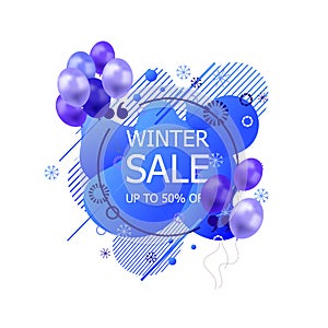 Vector Winter Sale Tag, Abstract Liquid Shapes, Geometric Pattern and Snowflakes with Blue Balloons, Isolated Icon.