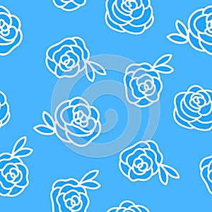 Vector Winter seamless pattern. Flower roses hand drawing white illustration isolated on blue background.