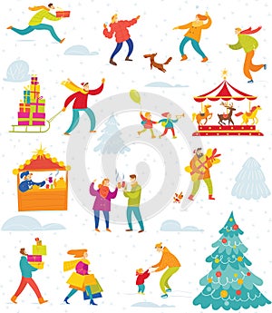 Vector winter seamless pattern with people for Christmas