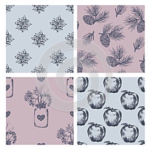 Vector winter seamless pattern, pine cone, apple