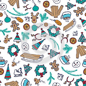 Vector winter seamless pattern with snowman, sweater and snowflakes