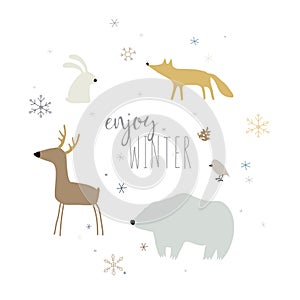 Vector winter set of forest animals