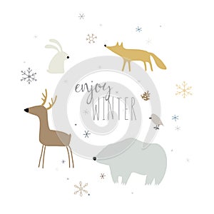 Vector winter set of forest animals