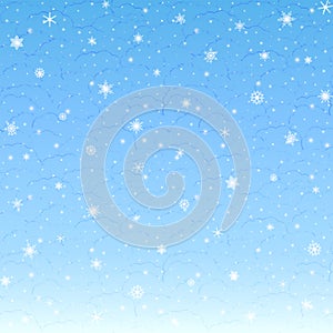 Vector winter square Christmas day background of falling snowflakes, grunge contour clouds on the light blue sky. EPS 10