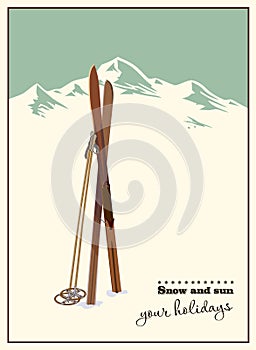 Vector winter themed template with wooden old fashioned skis and poles in the snow with snowy mountains and clear sky on