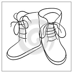 Vector winter warm boots shoes icon. Outline Hand drawn cartoon icon isolated on white. Cute winter design element