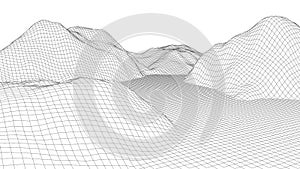 Vector wireframe 3d landscape. Technology grid illustration. Abstract futuristic background. Mountains