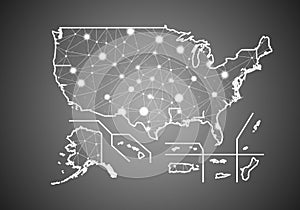 Vector wireframe mesh polygonal of usa Territories map. Abstract global connection structure. Map connected with lines and dots.