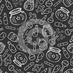 Vector witch bottles seamless pattern. Gray outline of potions, elixirs, vials of different shapes and cauldrons