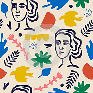 Vector woman art seamless pattern, background. Matisse inspired hand drawn contemporary women portraits, flowers and