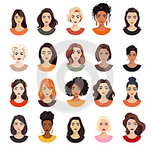 Vector Woman Avatar Set. Beautiful Young Girls Portrait Collection, Different Hairstyle. Female Expressing, Emotions