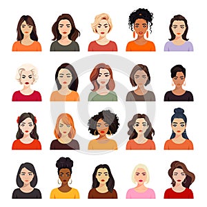 Vector Woman Avatar Set. Beautiful Young Girls Portrait Collection, Different Hairstyle. Female Expressing, Emotions