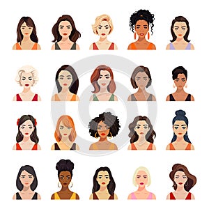 Vector Woman Avatar Set. Beautiful Young Girls Portrait Collection, Different Hairstyle. Female Expressing, Emotions